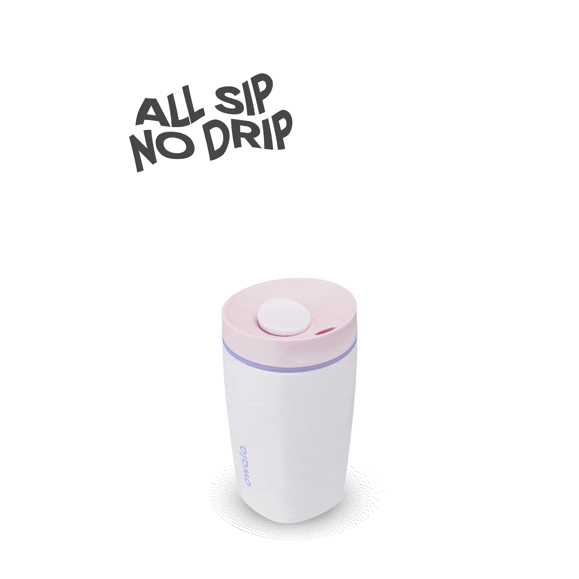 White and pink Owola 12oz travel mug with lid and text All Sip No Drip on black background