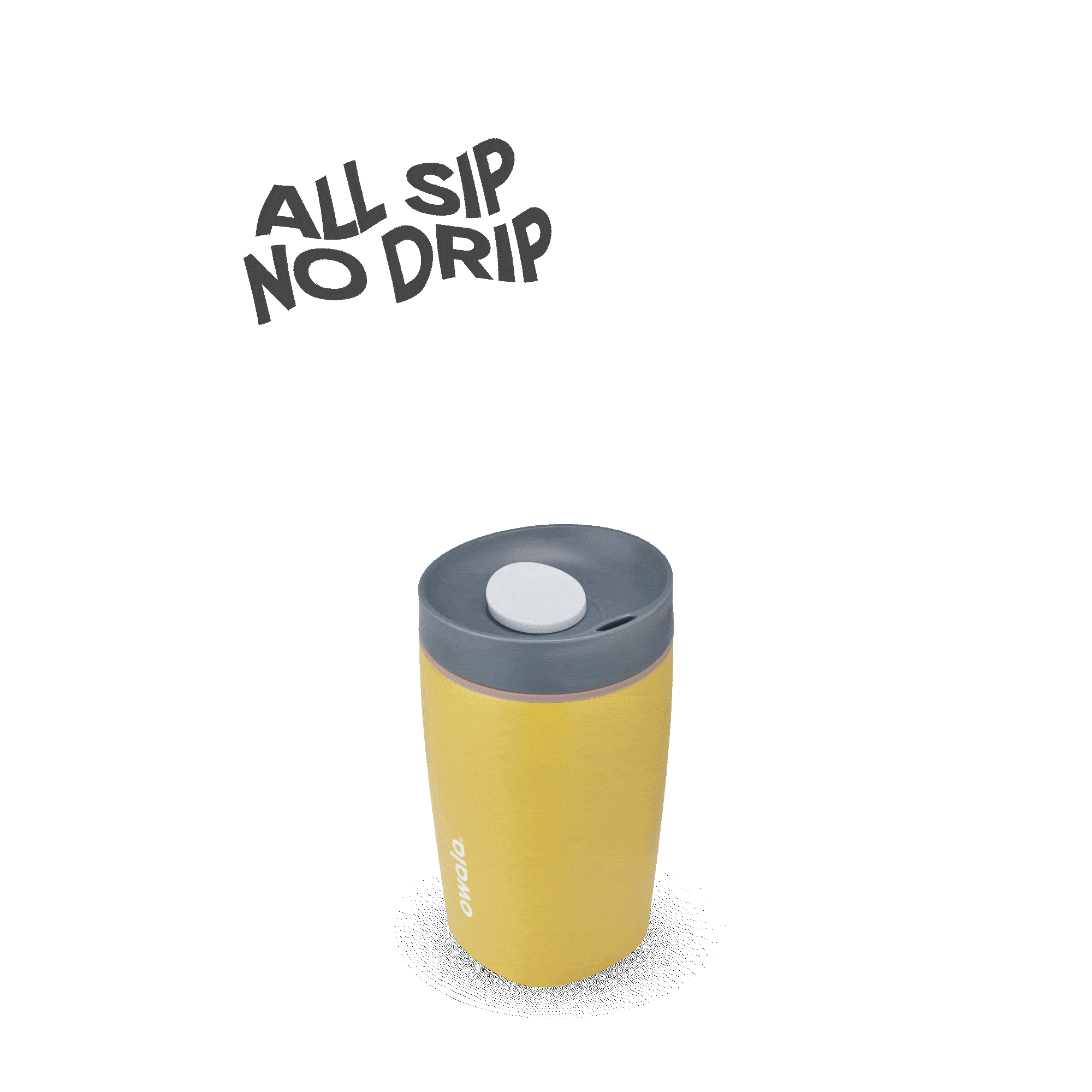 Yellow Owala insulated tumbler with gray lid and pop-up spout, text 'ALL SIP NO DRIP' above