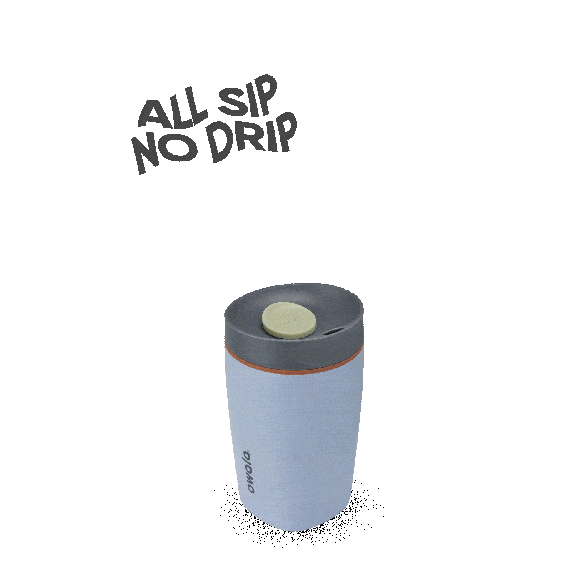 Owolo insulated 12oz travel mug with spill-proof lid on brown background and text All Sip No Drip
