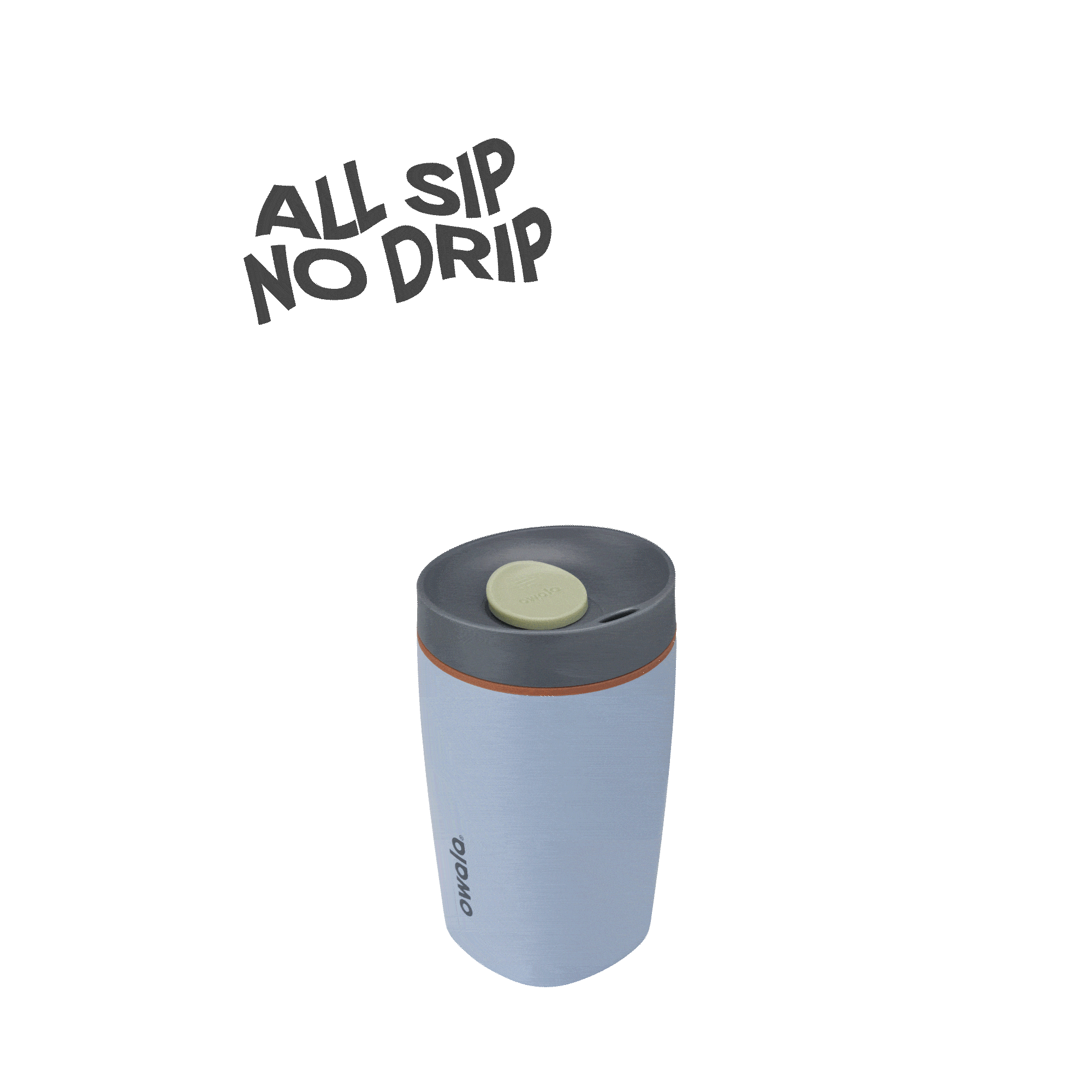 Blue Owala 12oz spill-proof travel mug with dark lid and green sip cap, text reads All Sip No Drip