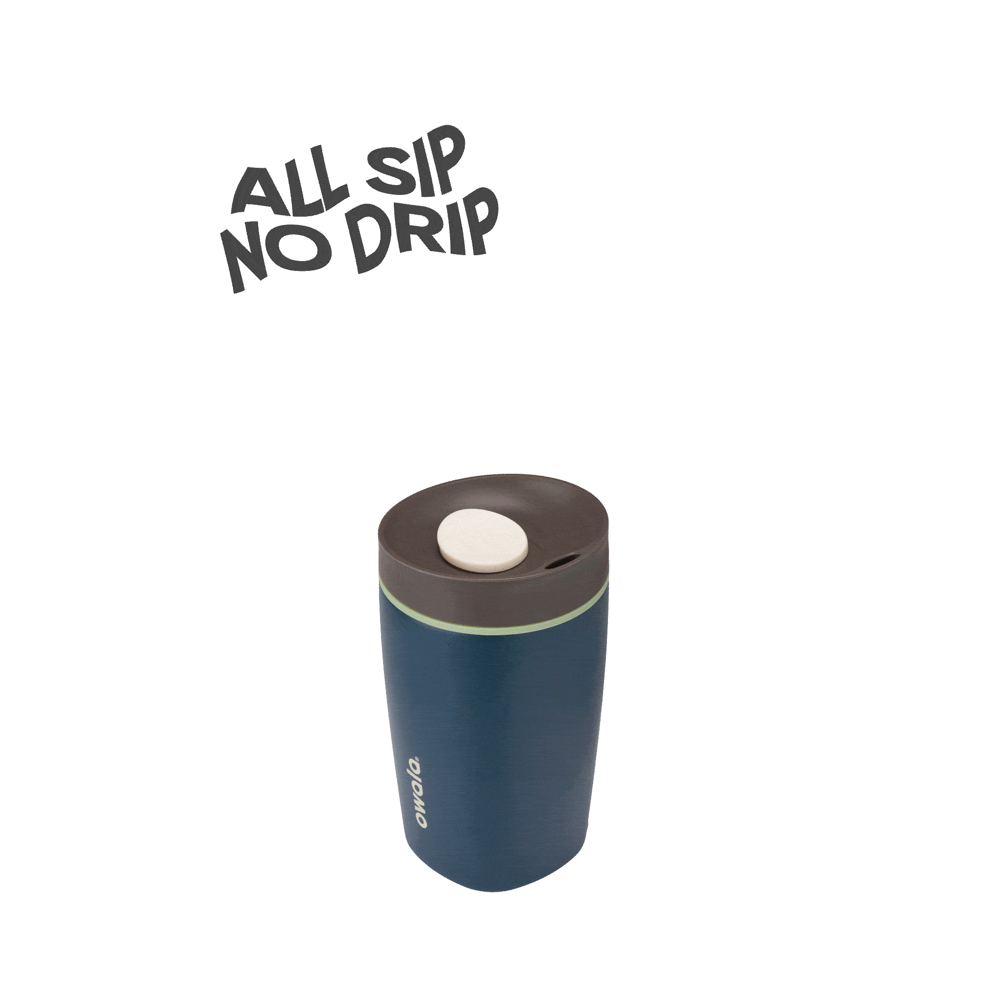 Blue Owola 12oz reusable travel cup with brown lid, white slider, and text 'All Sip No Drip' on black background