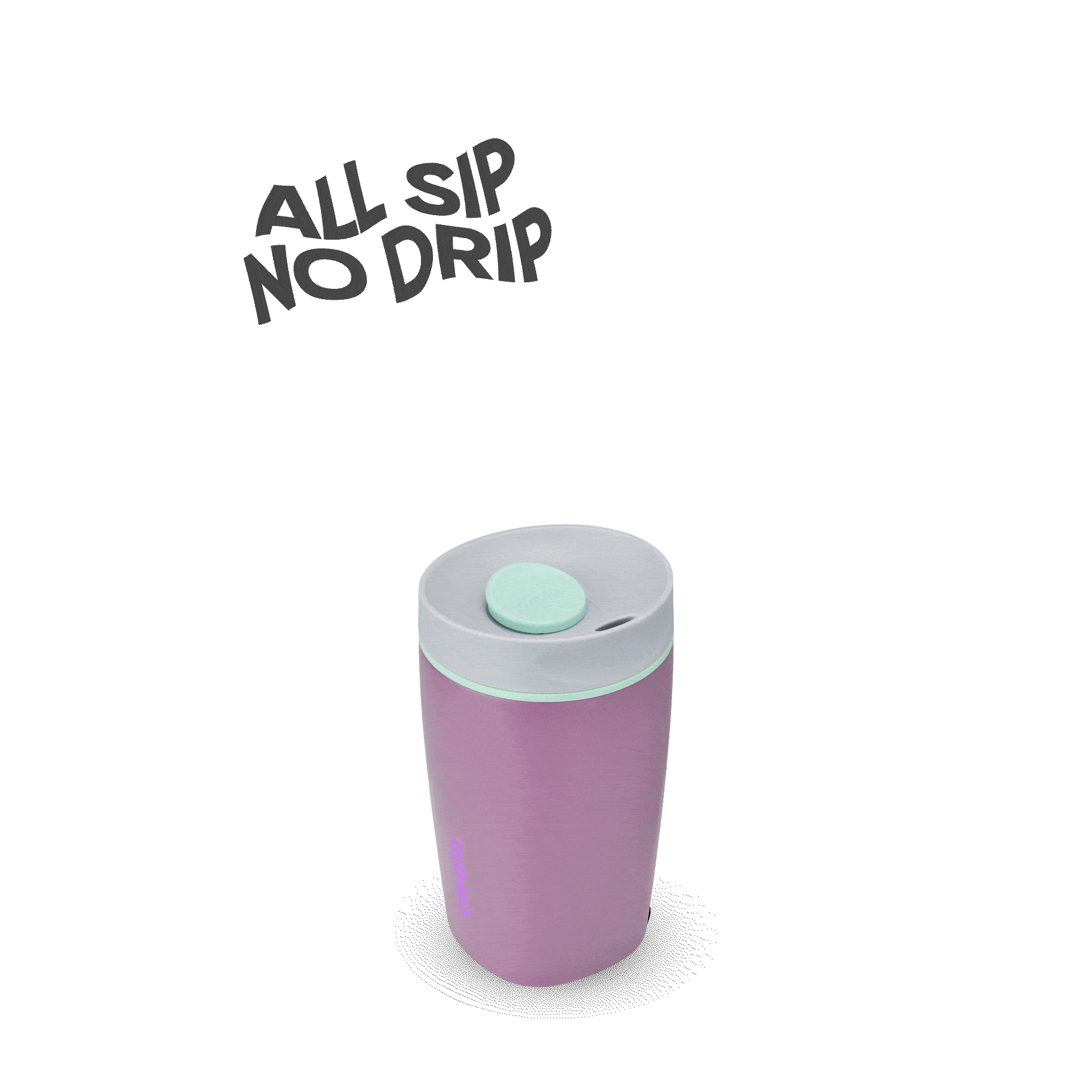 Purple insulated travel mug with gray lid and teal button, text 'All Sip No Drip' on black background