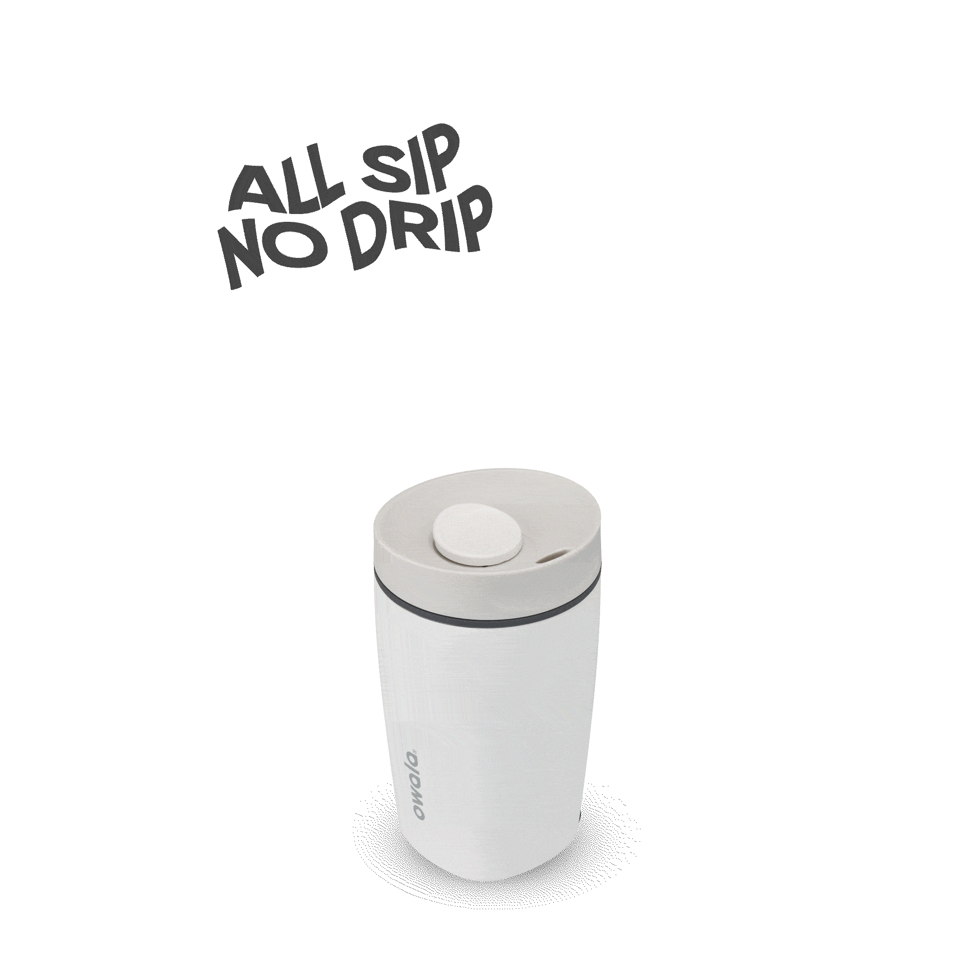 White Owolo insulated travel mug with leak-proof lid and text All Sip No Drip on black background