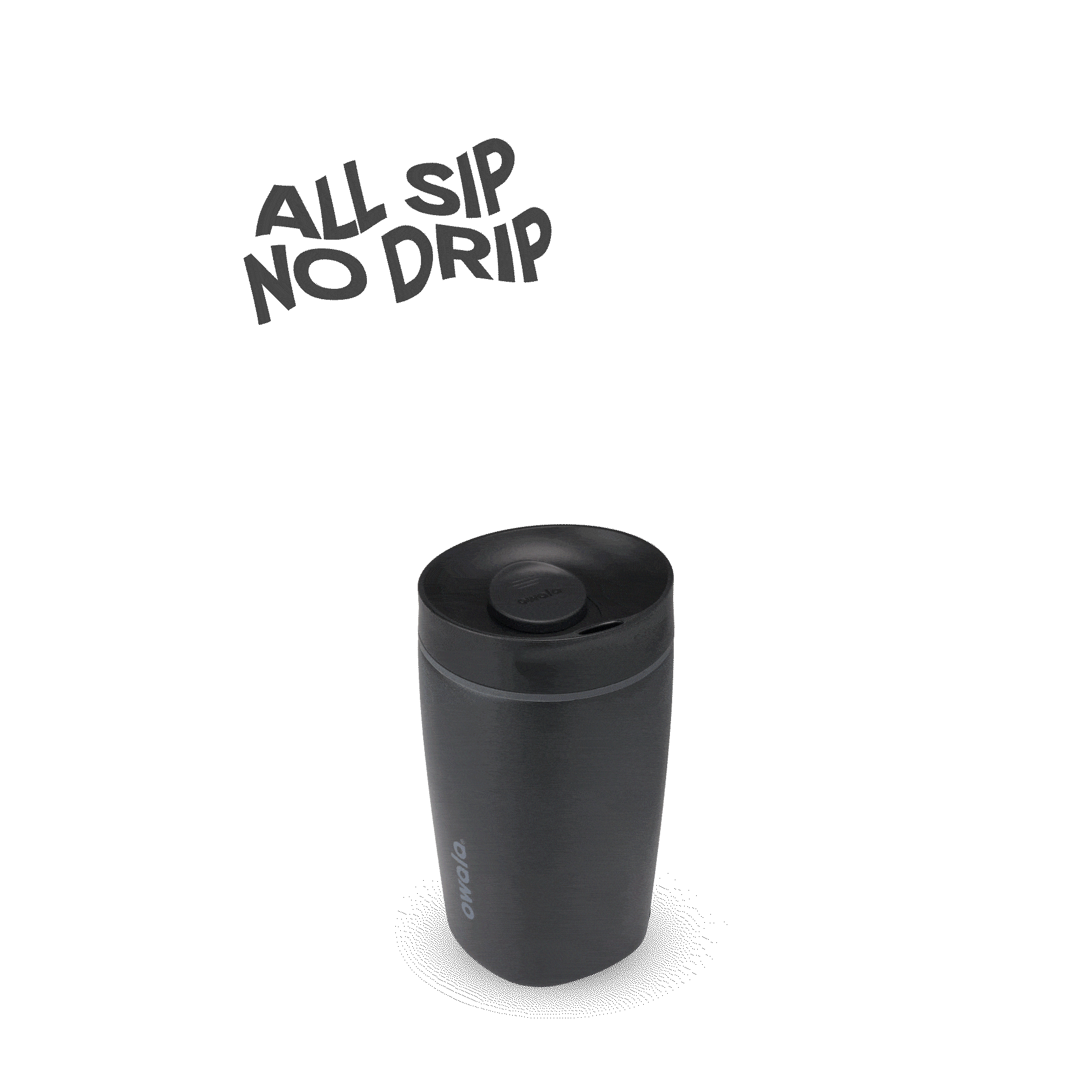 Matte black Owala insulated travel mug with spill-proof lid and 'All sip no drip' text