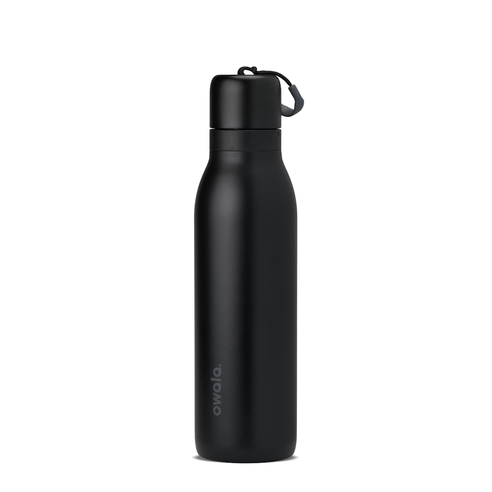 Matte black insulated water bottle with screw cap and carrying loop, branded Owala