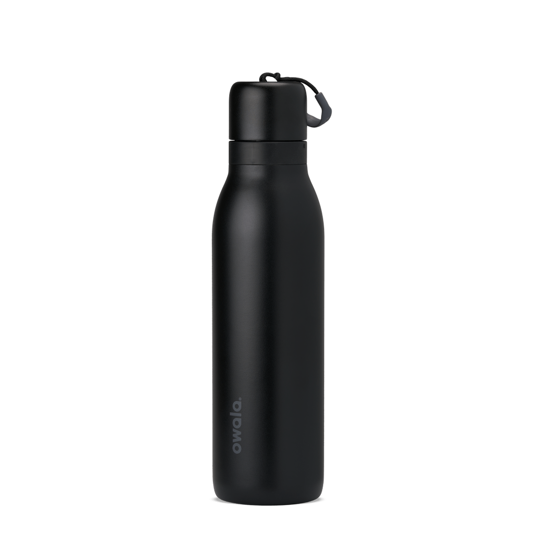 18oz black stainless steel Owala water bottle with twist cap and carry loop