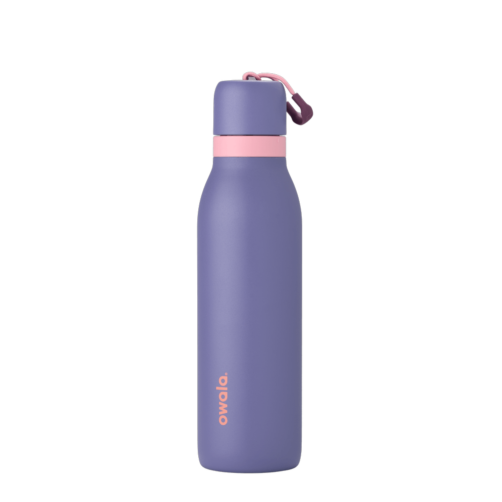 18oz blue and pink insulated Owala water bottle with twist cap and carrying loop