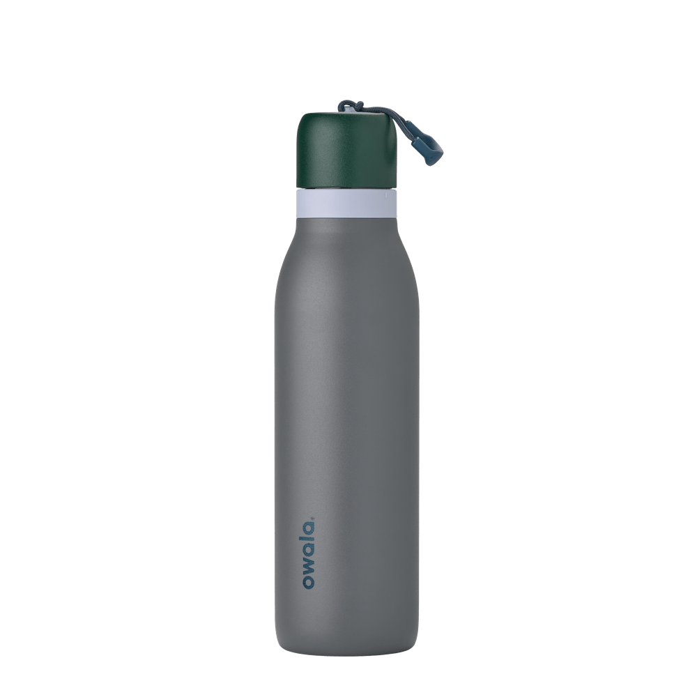 Grey Owala 18oz insulated water bottle with dark green cap and white band