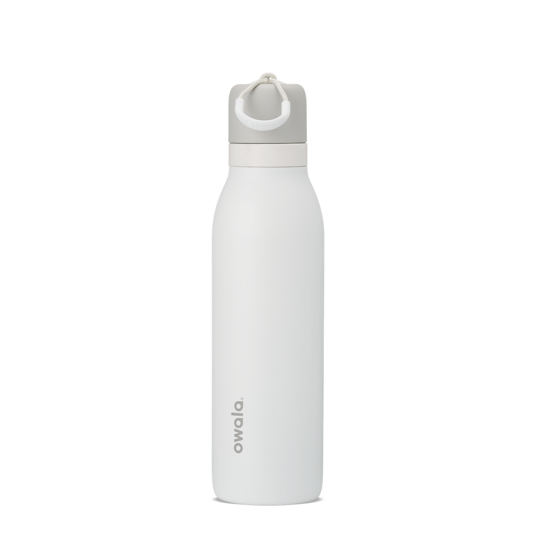 18oz white stainless steel Owala Twist water bottle with gray cap and carrying loop