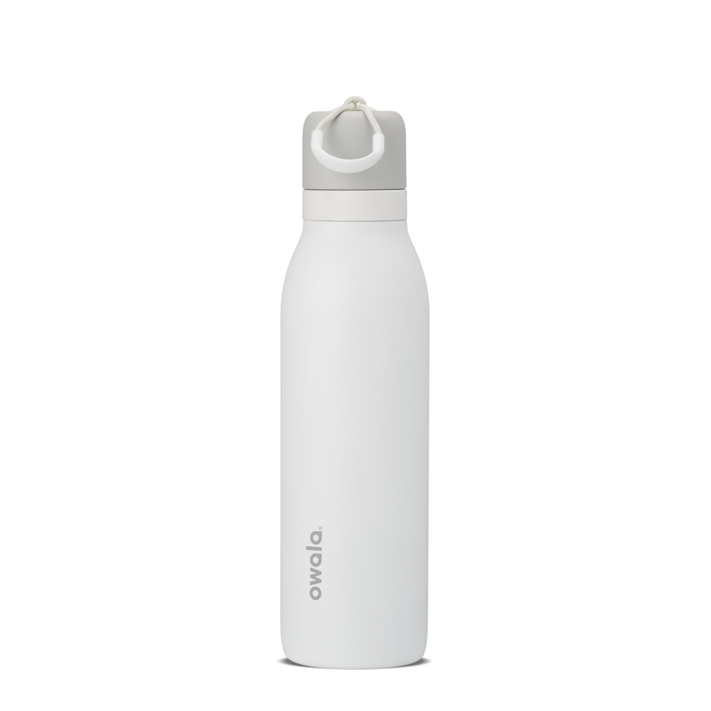 18oz white Owala insulated water bottle with gray cap and carry loop