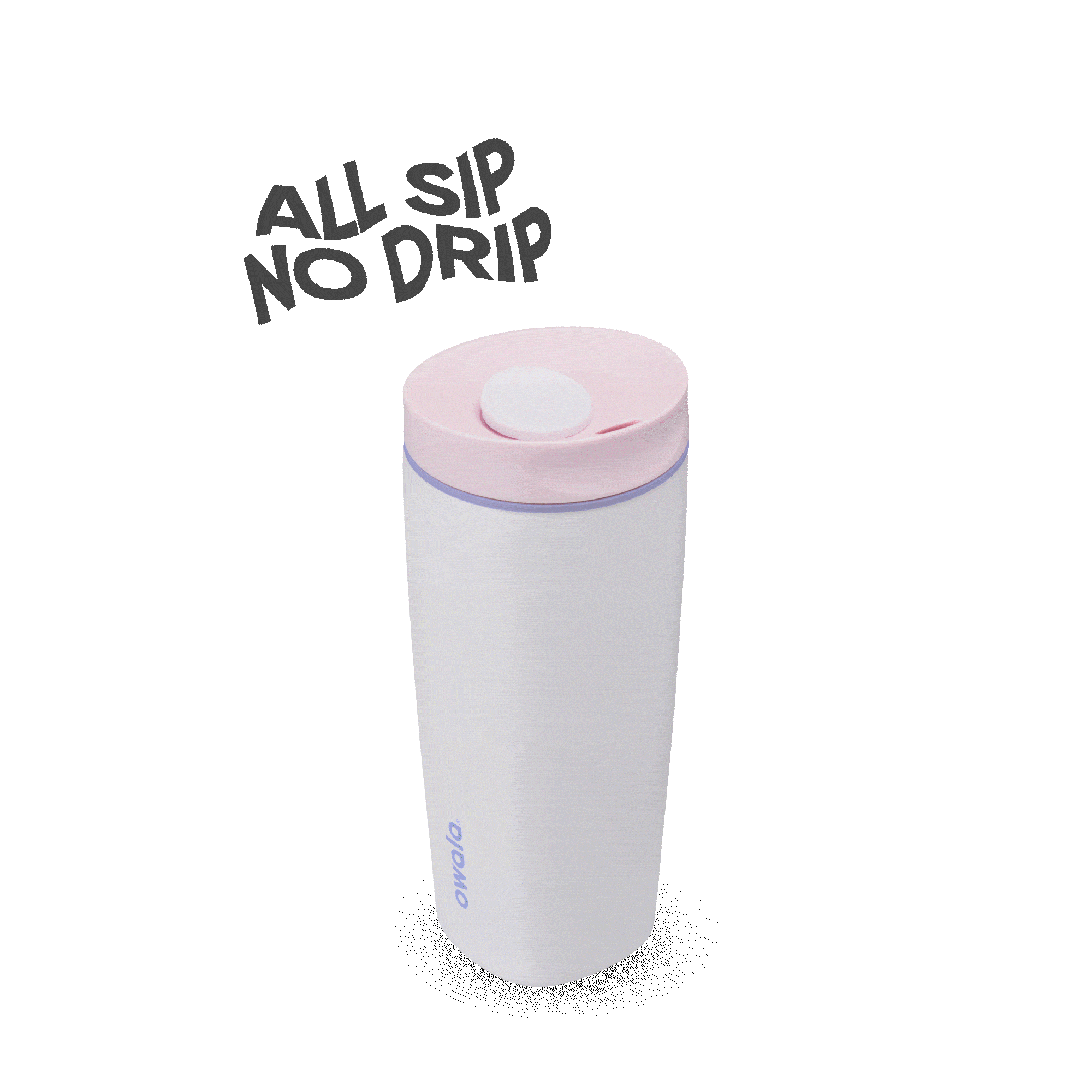 White Owala 20oz insulated tumbler with pink lid and text all sip no drip