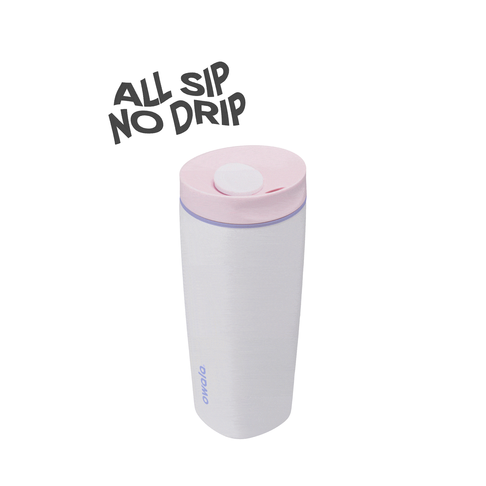 White and pink Owala insulated travel mug with spill-proof lid and 'All Sip No Drip' text