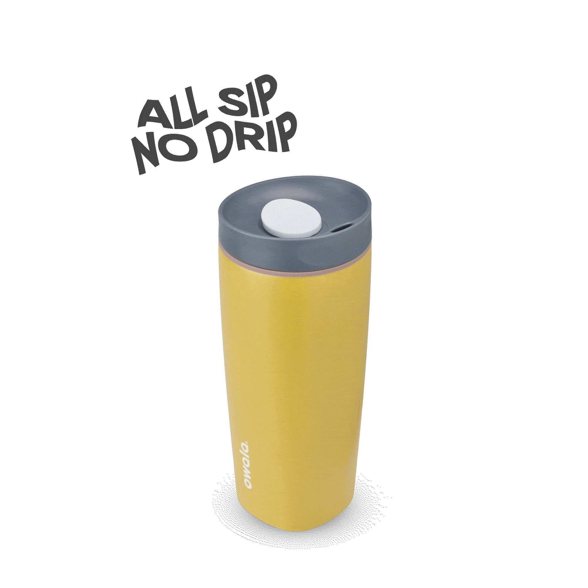 yellow Owala insulated tumbler with gray lid and white button, text reads All sip no drip