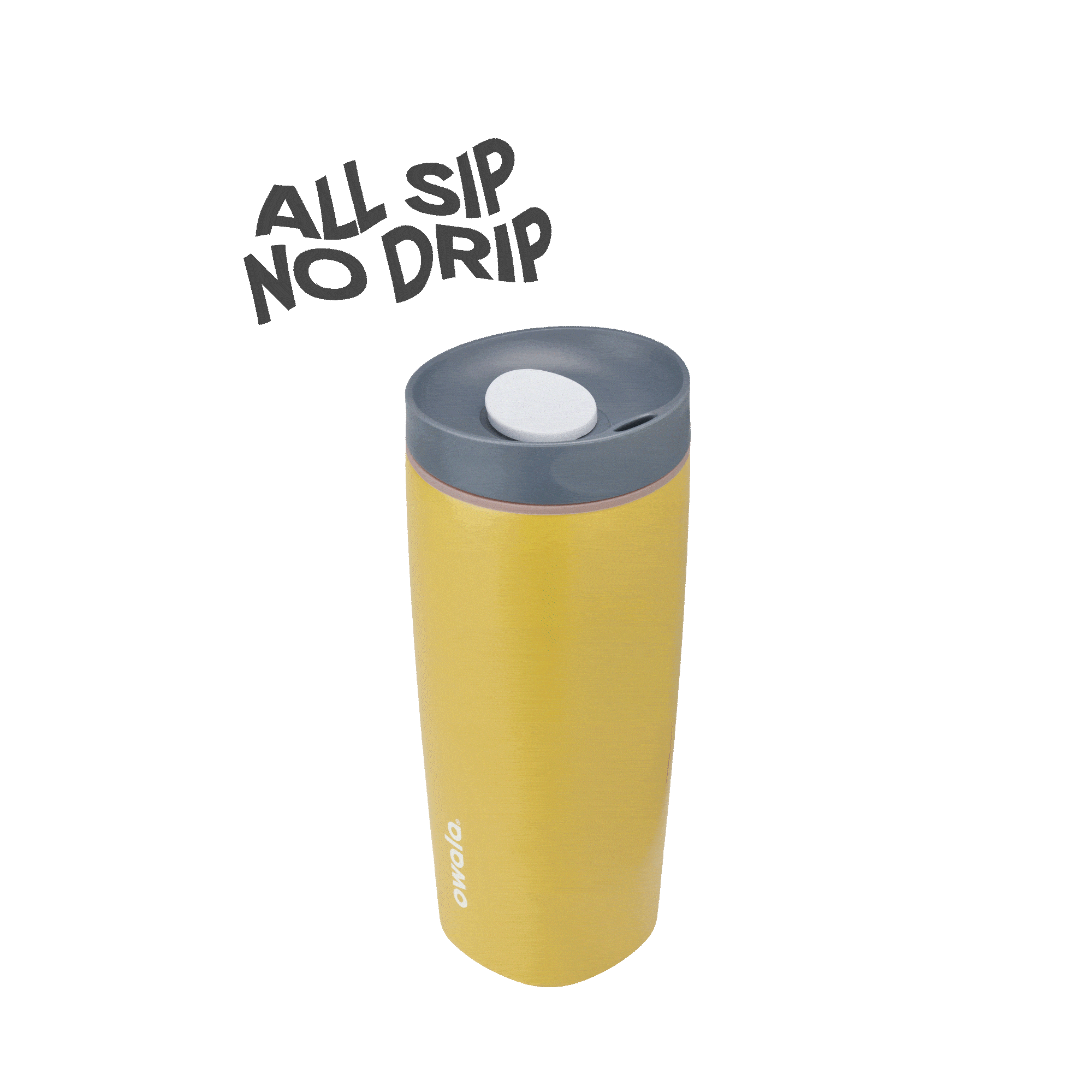 Yellow Owala 20oz insulated travel tumbler with spill-proof gray lid on black background