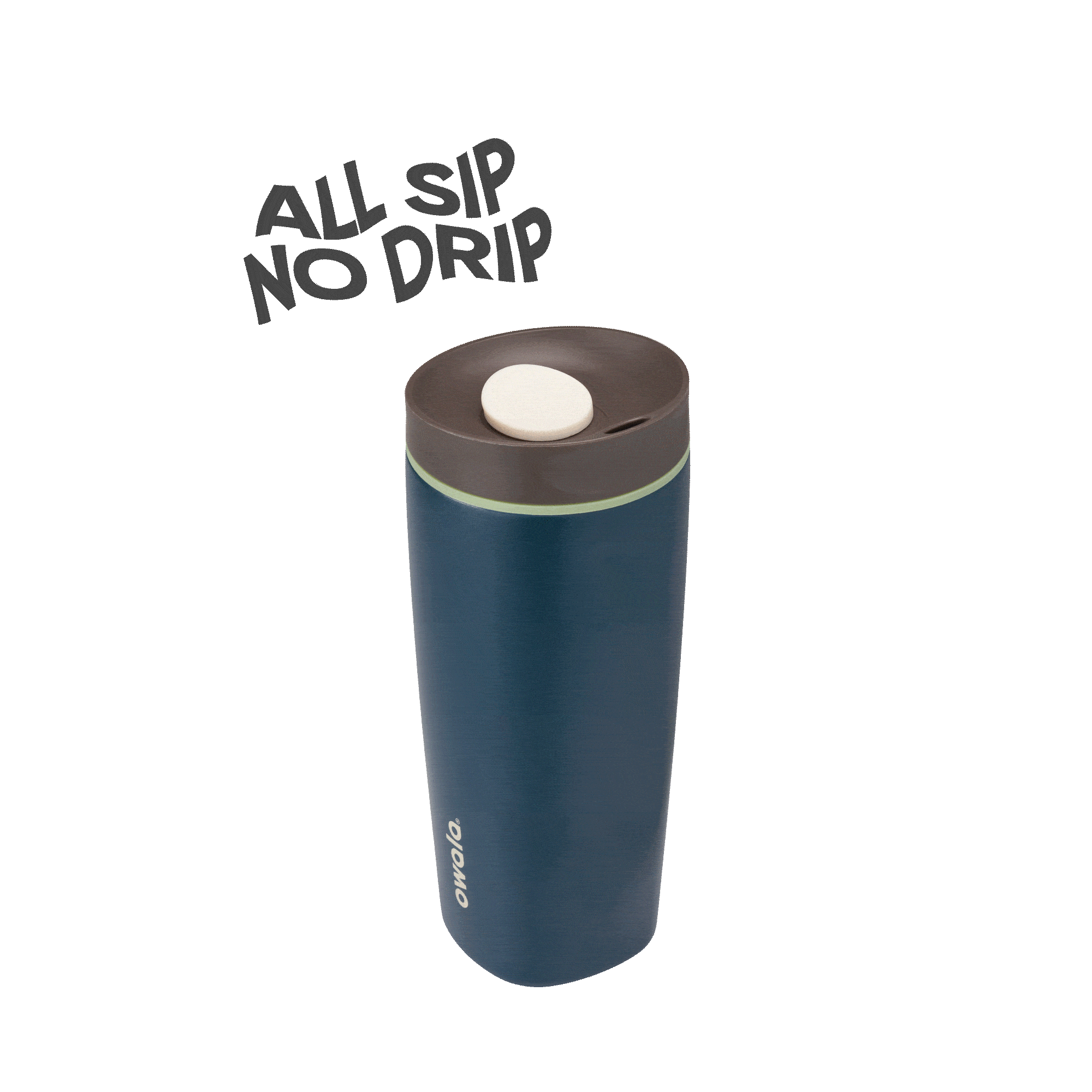 Blue Owala insulated travel mug with brown lid and white button, black background, text 'All Sip No Drip'