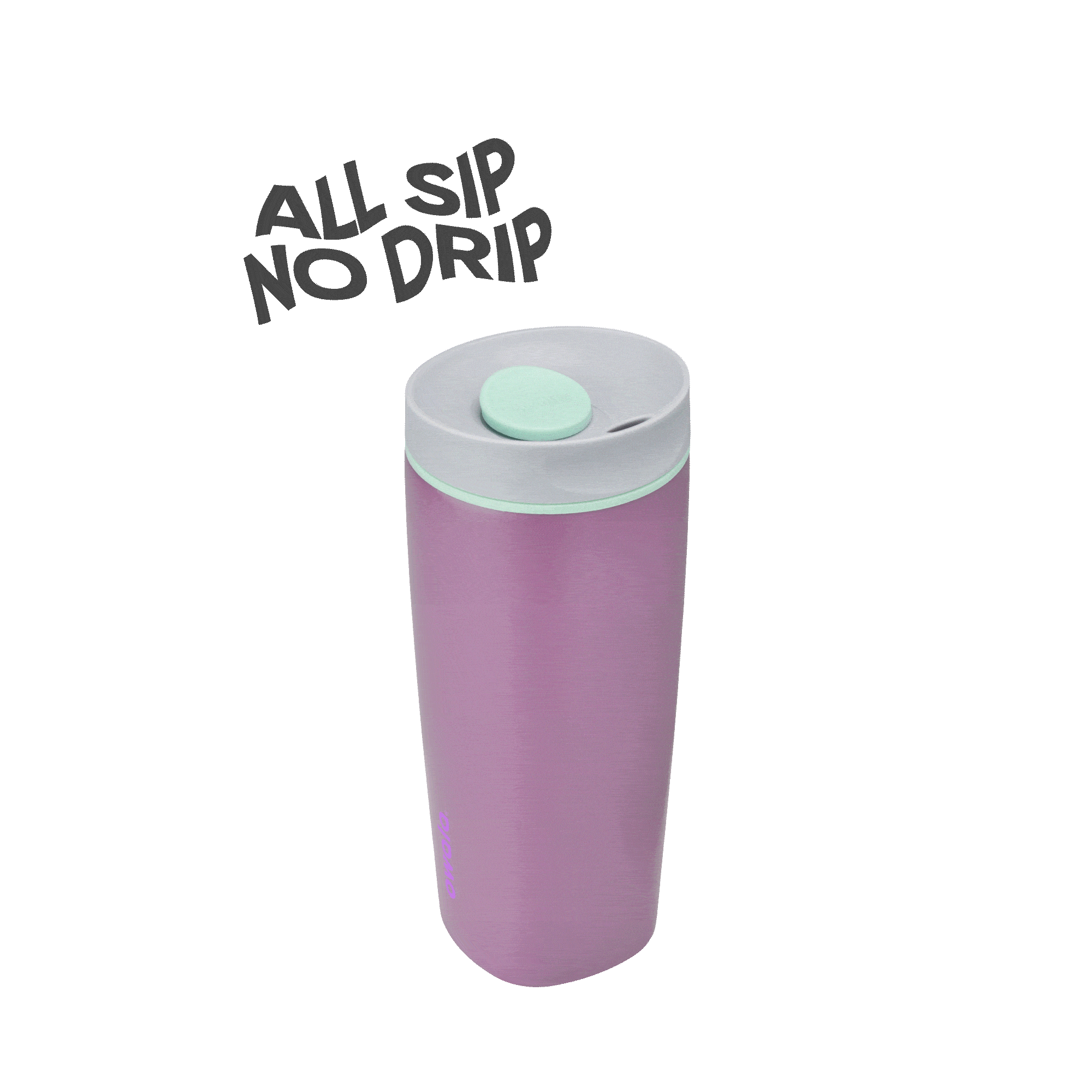 Purple travel tumbler with mint green lid and button, caption says All sip no drip