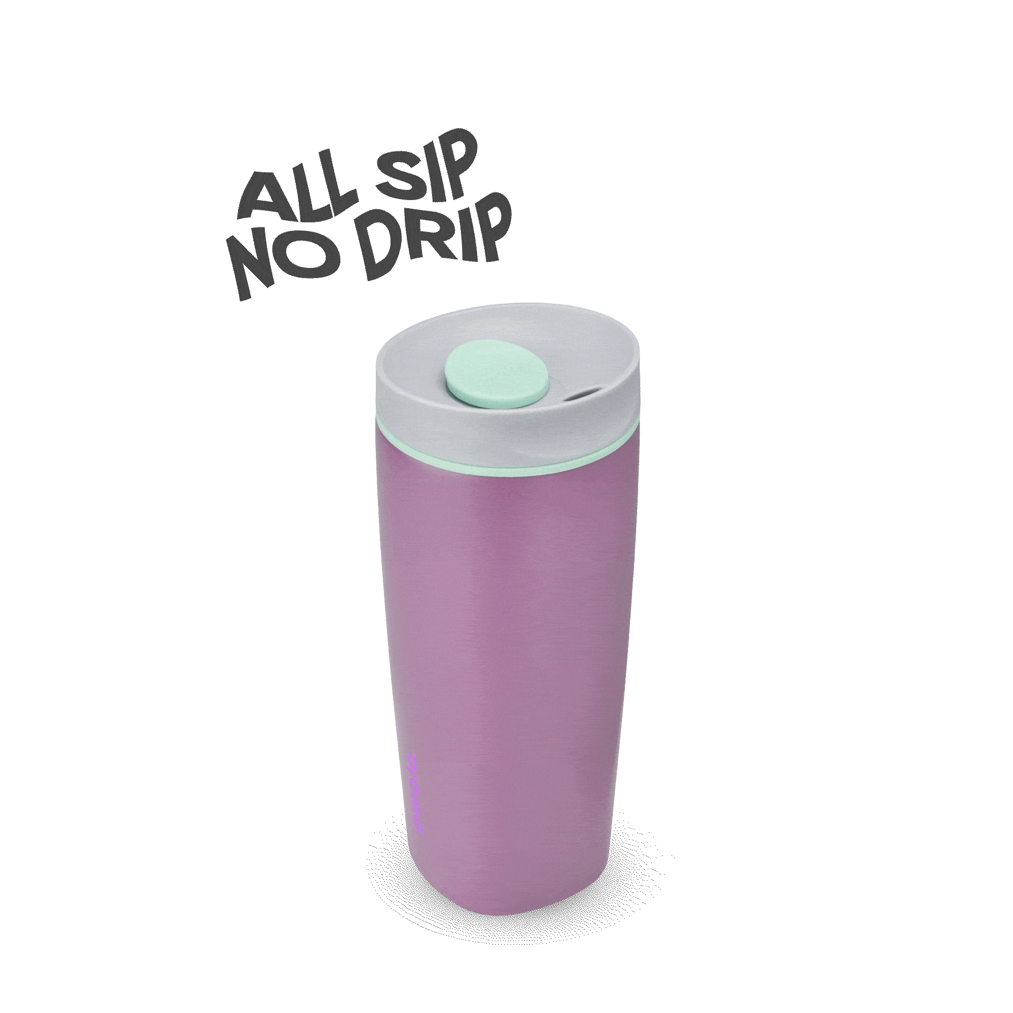 Purple and mint green travel tumbler with leak-proof lid and text all sip no drip