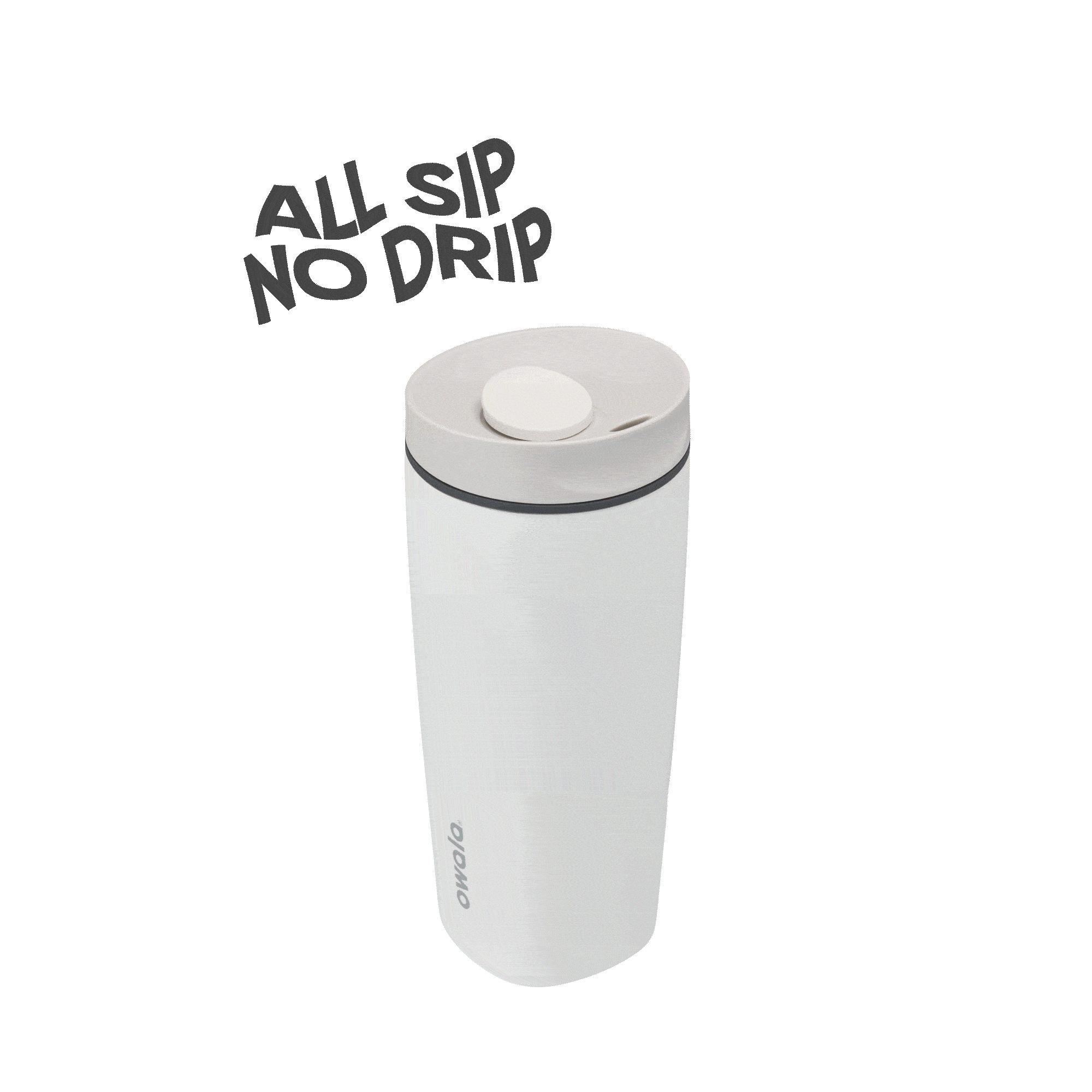 White Owala 20oz travel mug with flip lid and slogan All Sip No Drip on black background