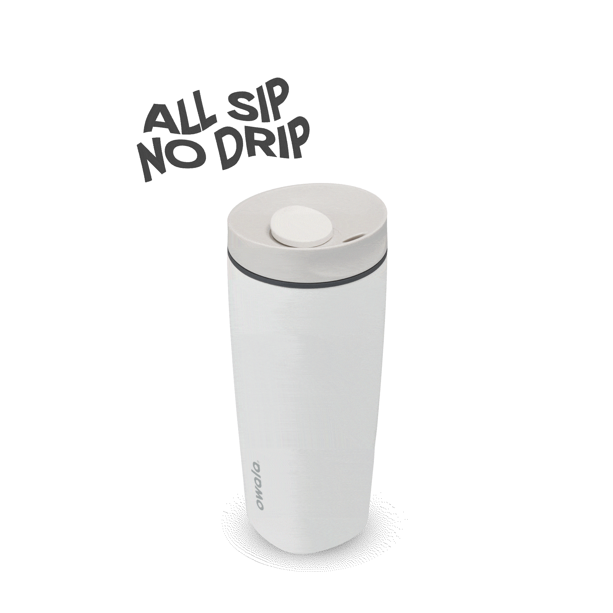 White Owolo insulated travel tumbler with spill-proof lid and text all sip no drip