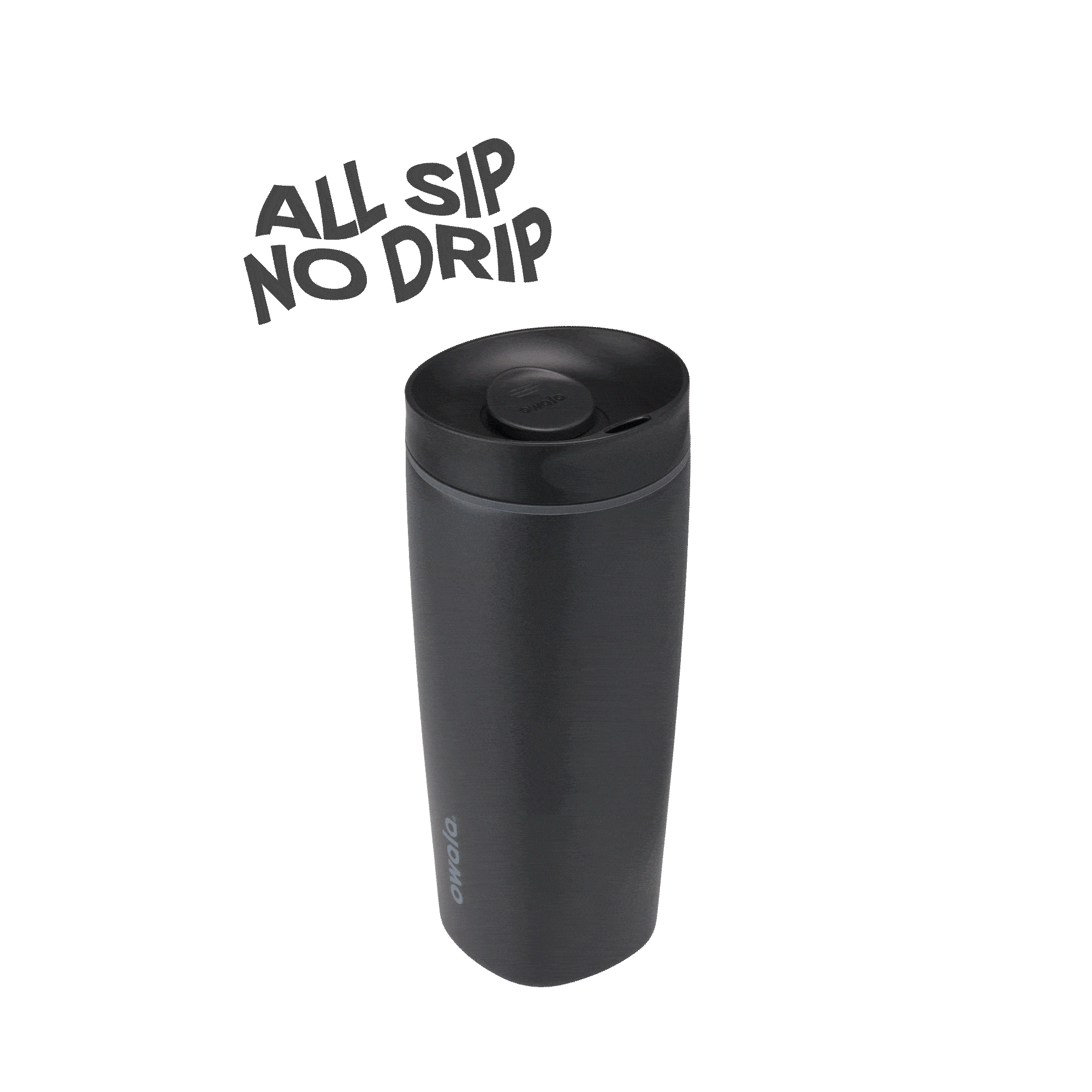 Black Owala 20oz insulated travel mug with spill-proof lid and text All Sip No Drip