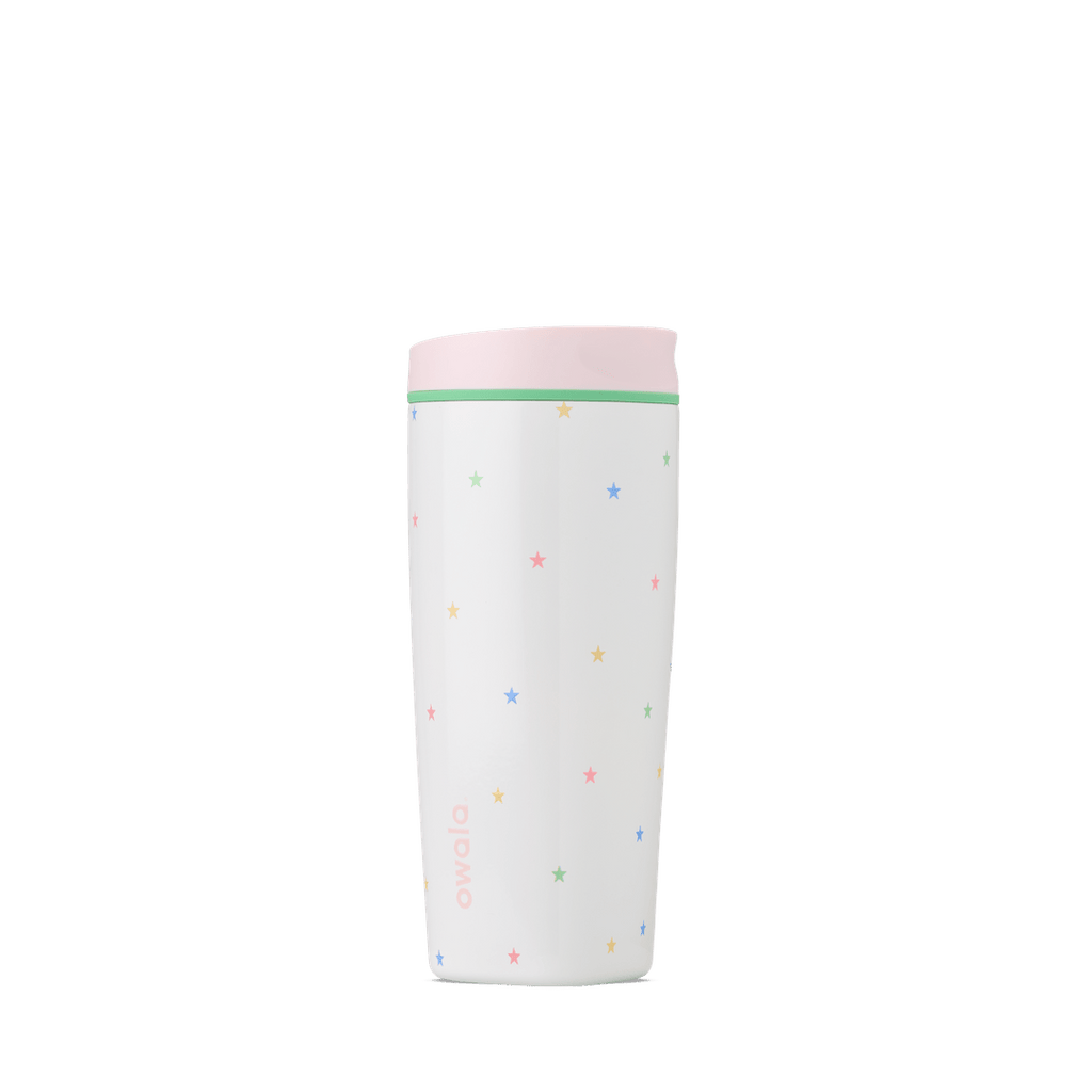 20oz white Owala insulated travel tumbler with pastel multicolor star pattern and pink lid
