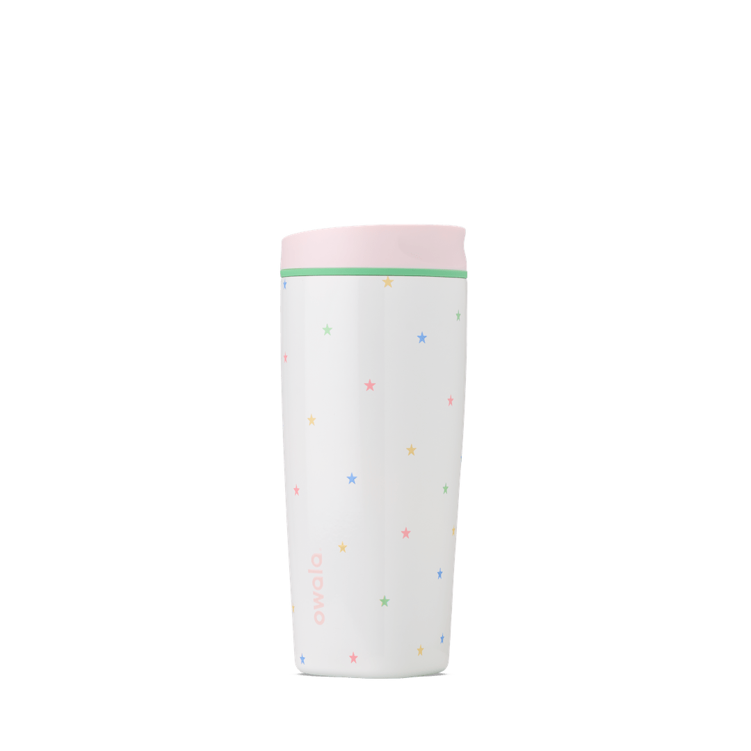 20oz white Owala insulated travel tumbler with pastel multicolor star pattern and pink lid