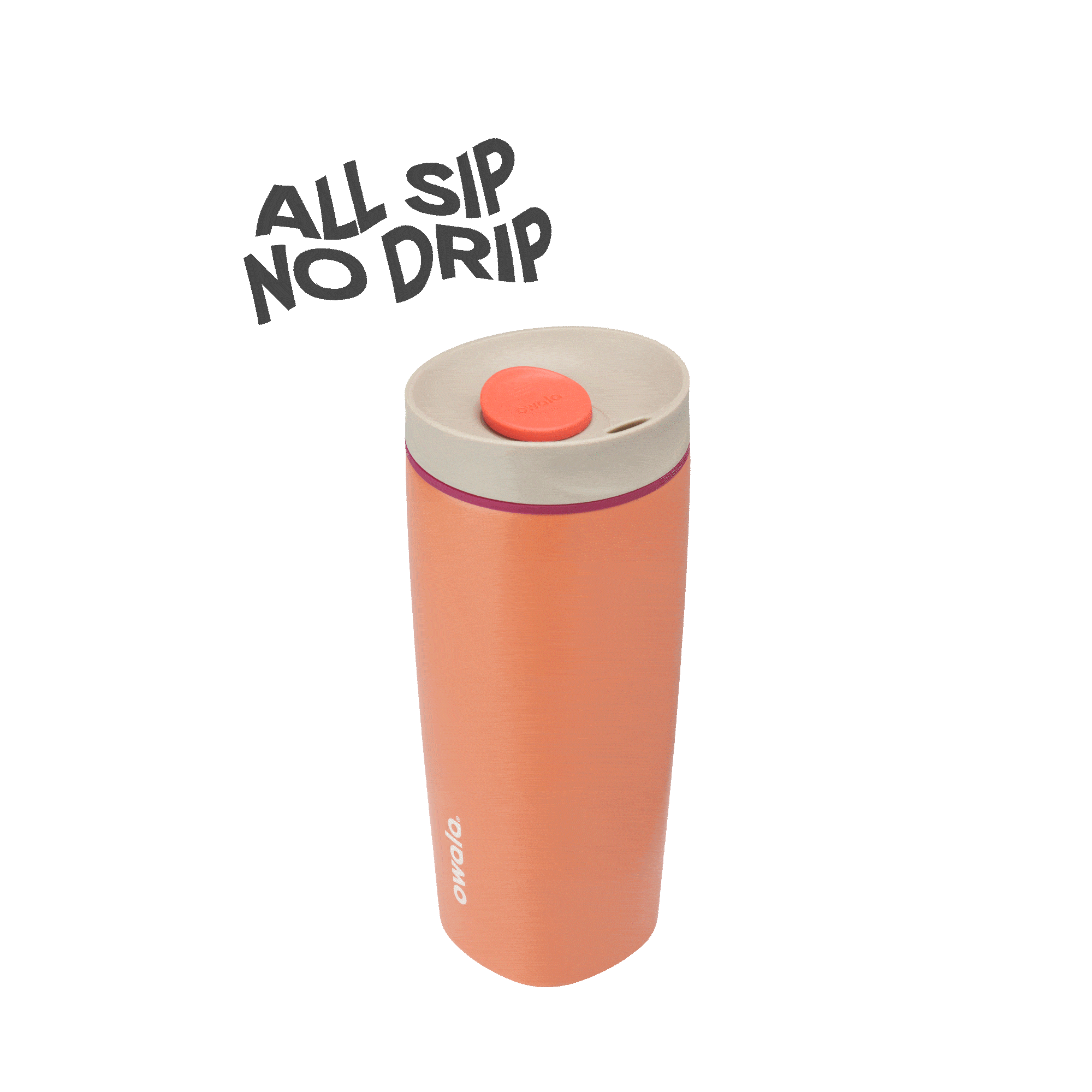 Orange Owala 24oz insulated travel mug with beige lid and red button, labeled All sip no drip
