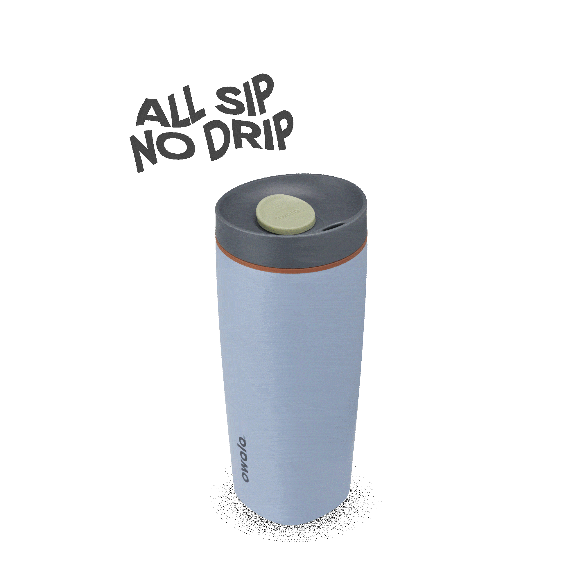 Blue Owolo insulated travel mug with gray lid and green sip button, labeled All Sip No Drip
