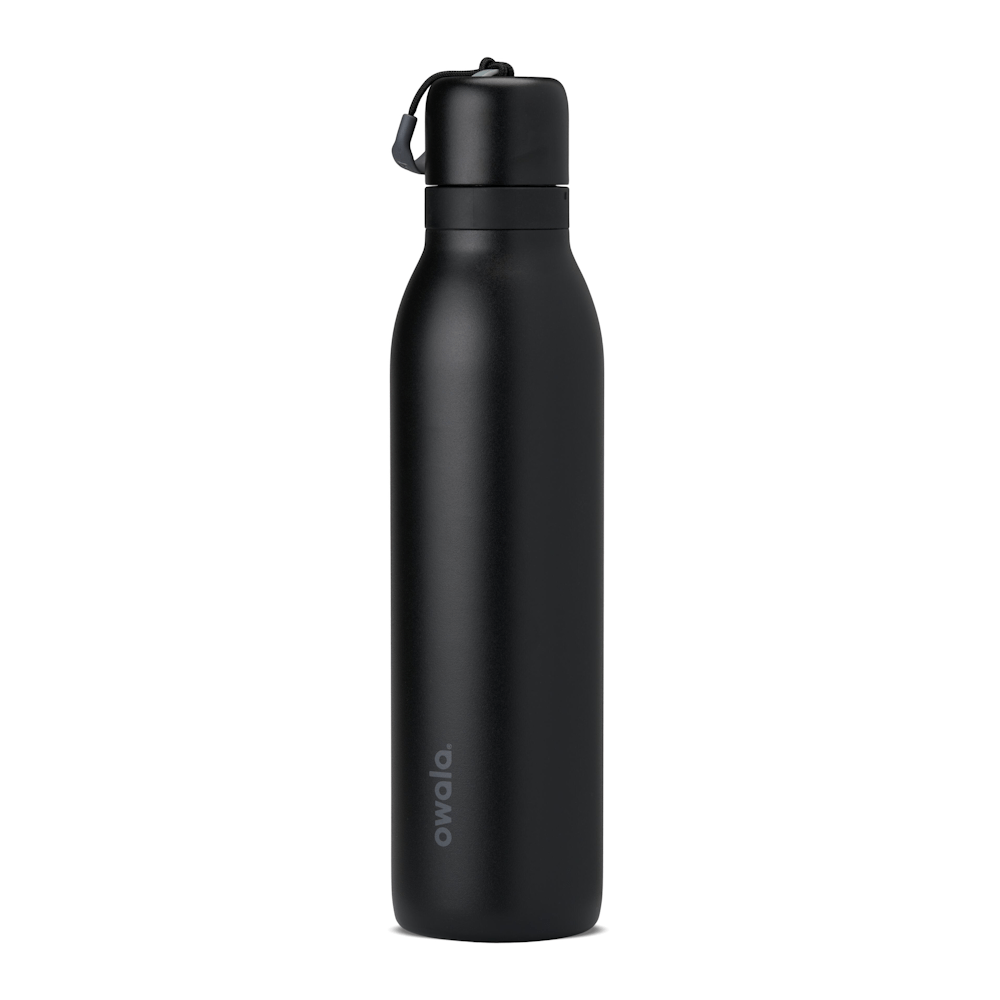 24oz black insulated water bottle with screw cap and carrying loop on white background