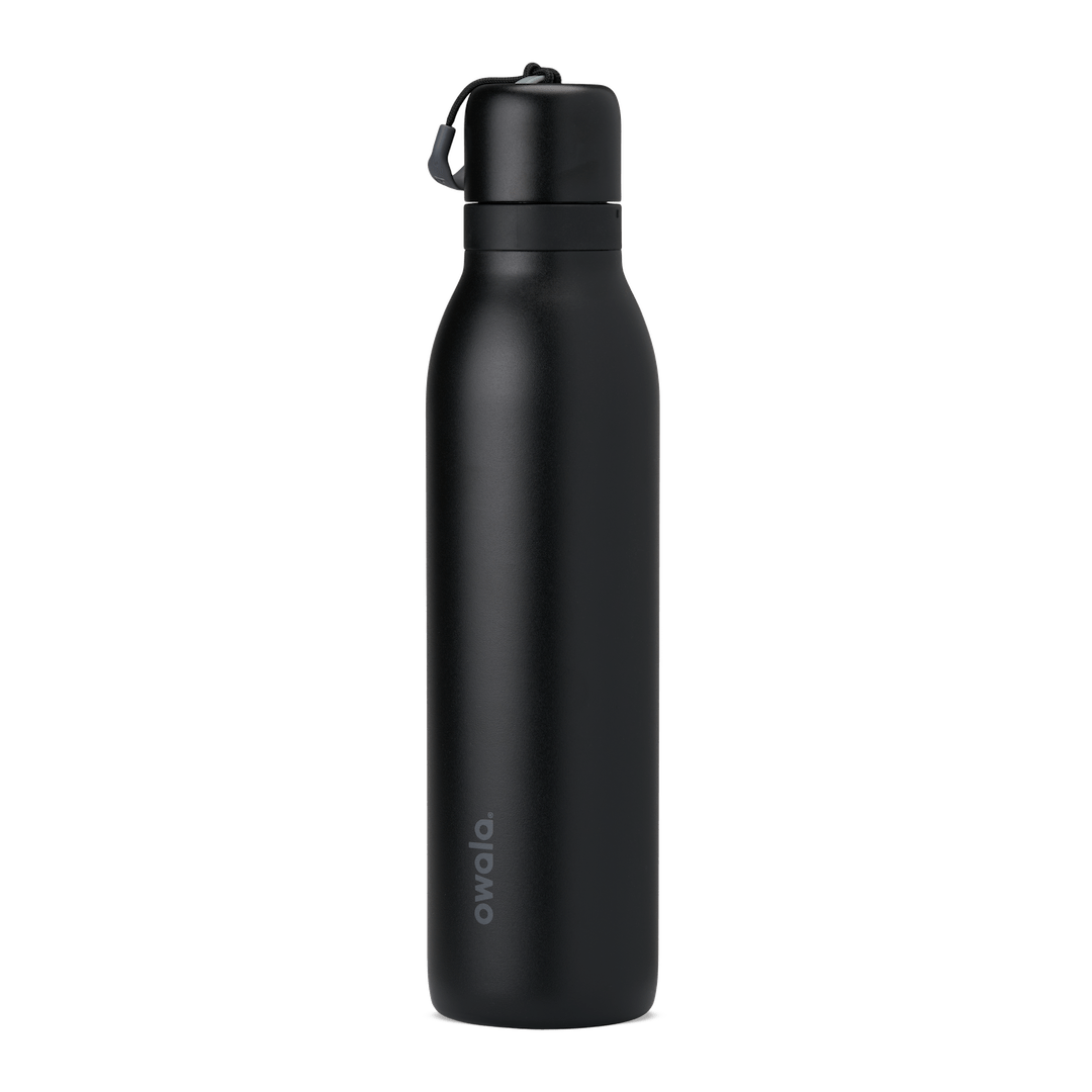 24oz matte black Owala insulated water bottle with twist cap and carry loop