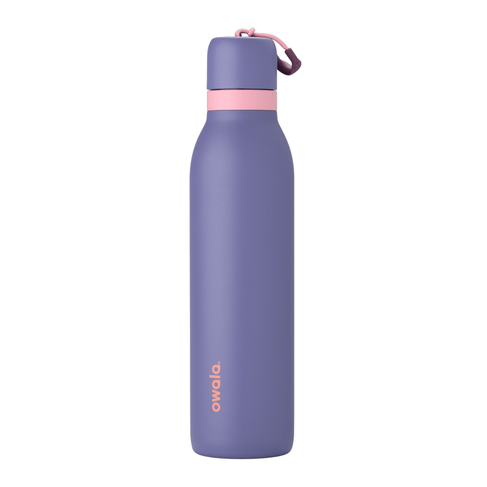 24oz purple Owala Twist insulated water bottle with pink accent and carabiner cap