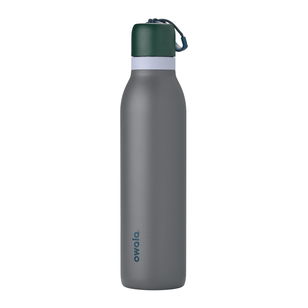 24oz gray Owala insulated water bottle with dark green twist cap and carrying loop