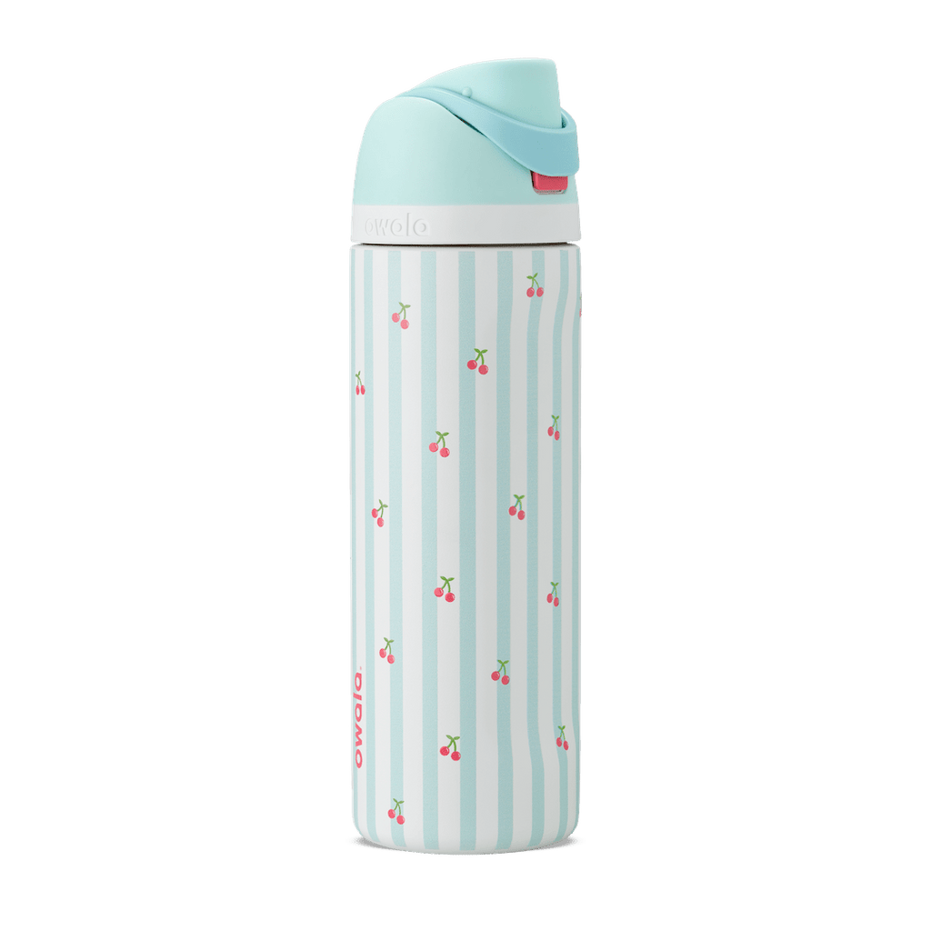 24oz Owala insulated water bottle with light blue lid and cherry print on blue and white striped body