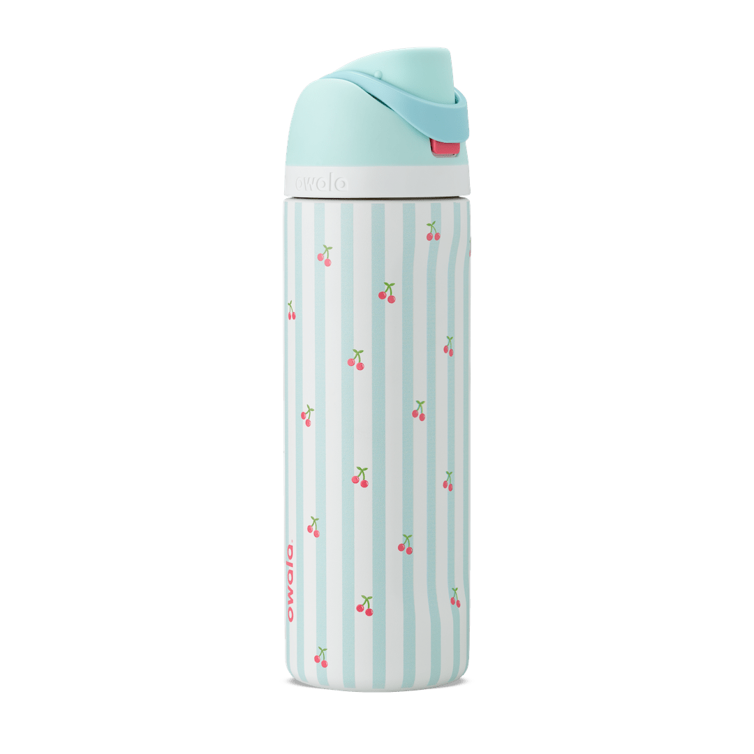 24oz Owala insulated water bottle with light blue lid and cherry print on blue and white striped body