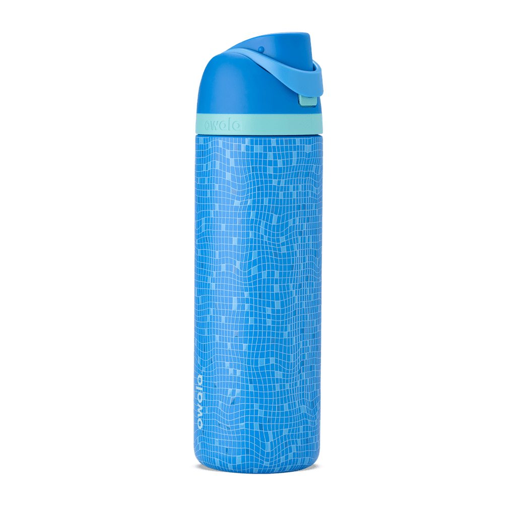 Blue Owela 24oz water bottle with a mosaic tile pattern and flip-top lid