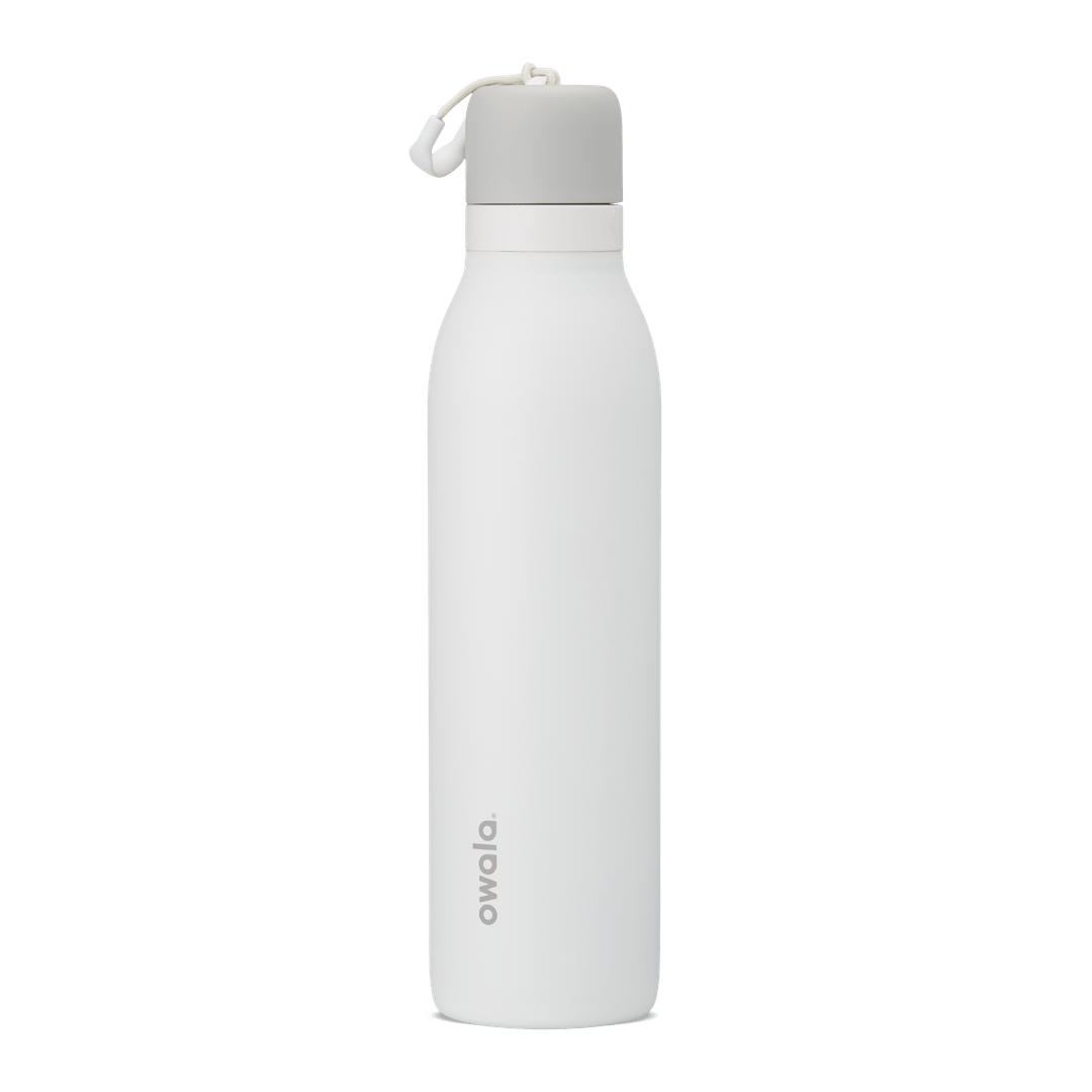 White 24oz Owala insulated water bottle with twist cap and carrying loop