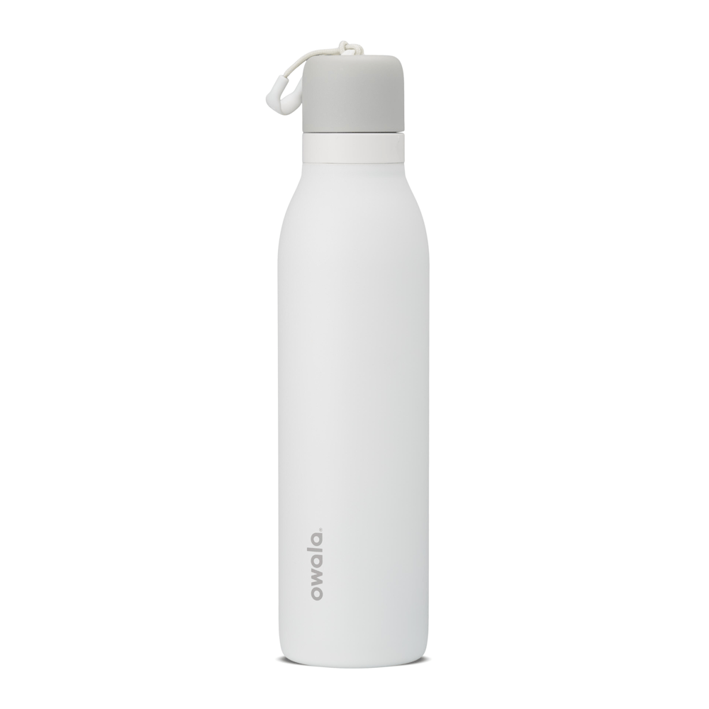 24oz white Owala insulated water bottle with light gray cap and carrying loop on white background