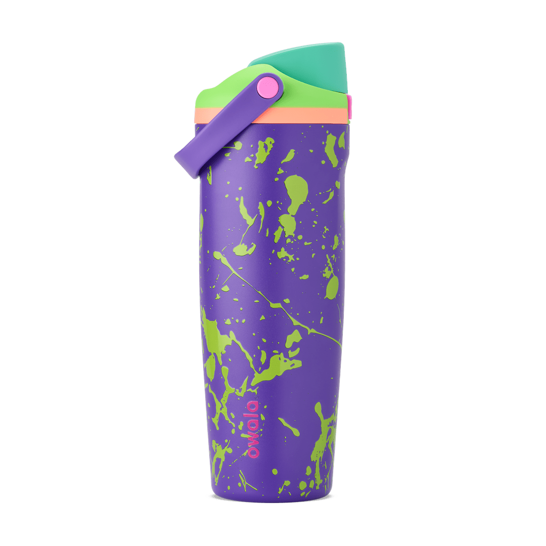 30oz Owala Electric Fuel water bottle with purple and green splash design and teal lid