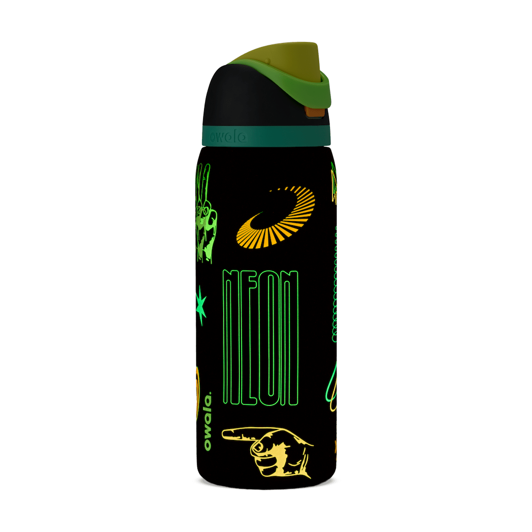 32oz Owala water bottle with neon glow peace hand signs and text graphics in black background