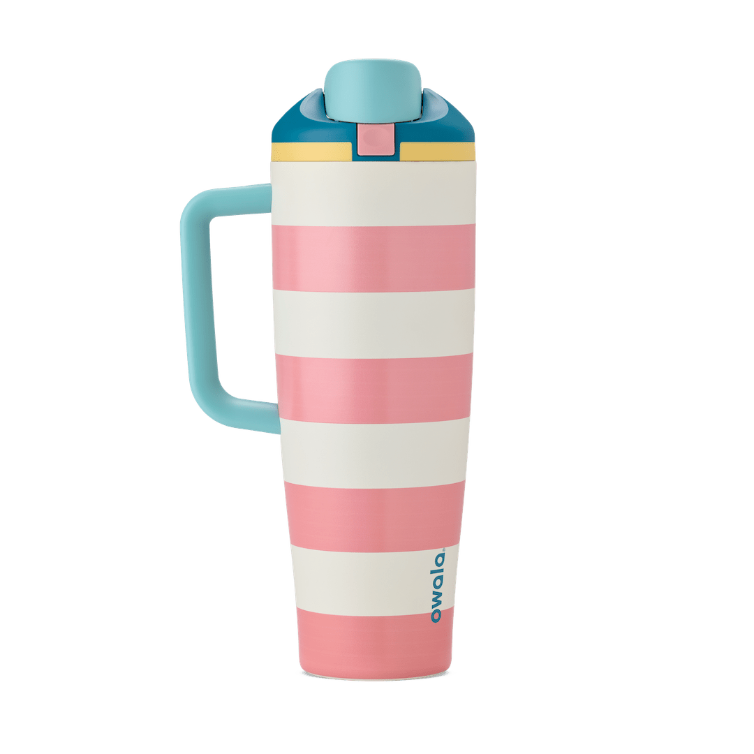 Owalo 40oz insulated travel mug with blue handle, pink and white stripes, and flip-top lid