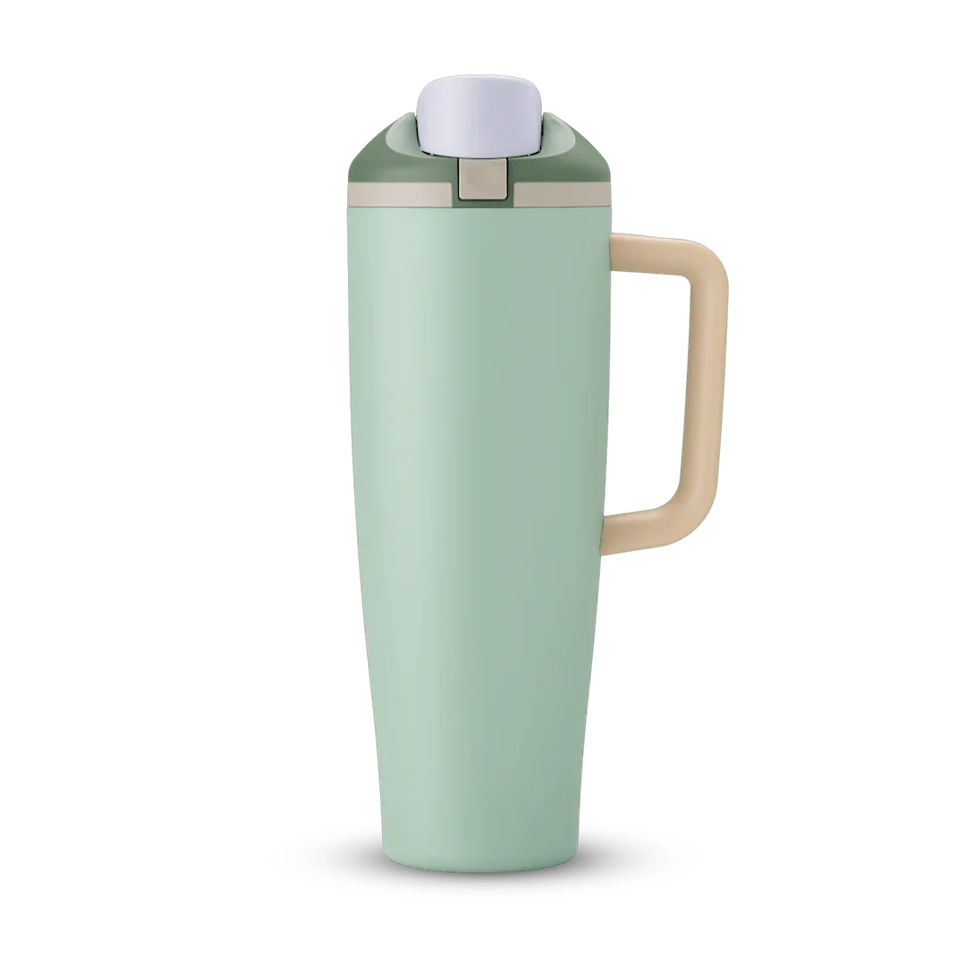 40oz eucalyptus green insulated tumbler with beige handle and white flip-top lid