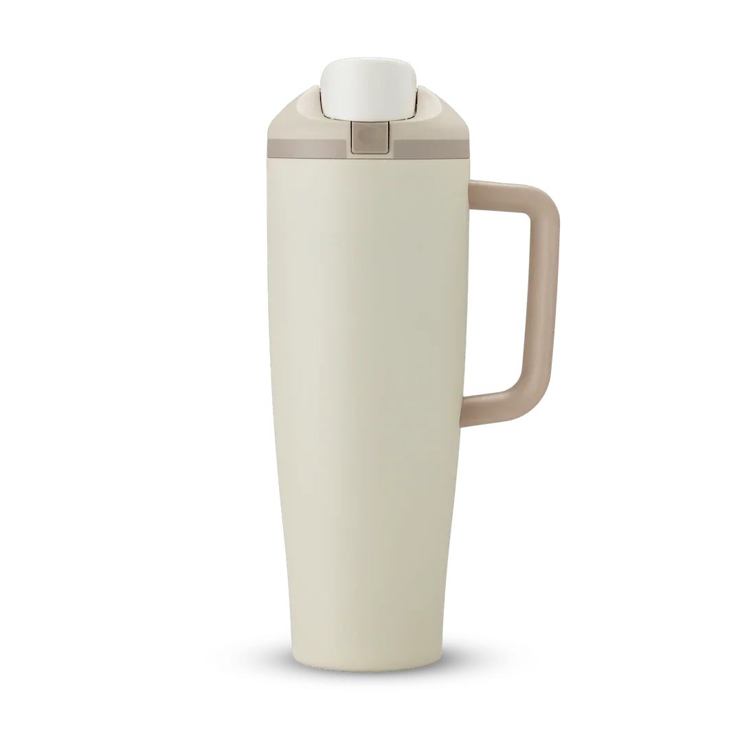 40oz lightly toasted Miami tumbler in beige with a side handle and secure flip lid