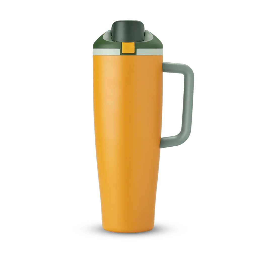 40oz orange grove insulated tumbler with green lid and gray handle