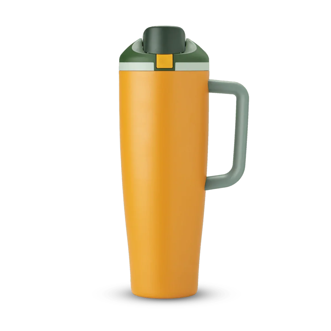 40oz orange grove insulated tumbler with green lid and gray handle