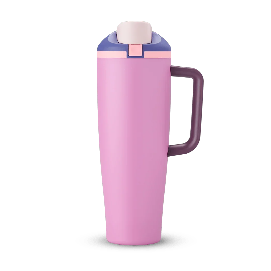 40oz pink travel tumbler with purple handle and navy blue lid, insulated reusable cup