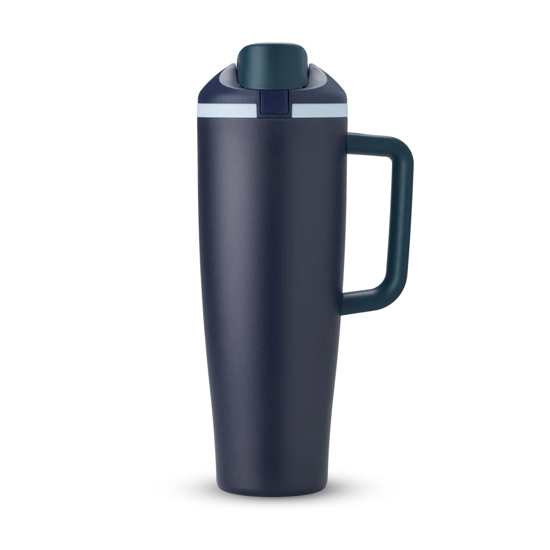 40oz navy blue Sea Captain Miami Tumbler with handle and flip lid on white background