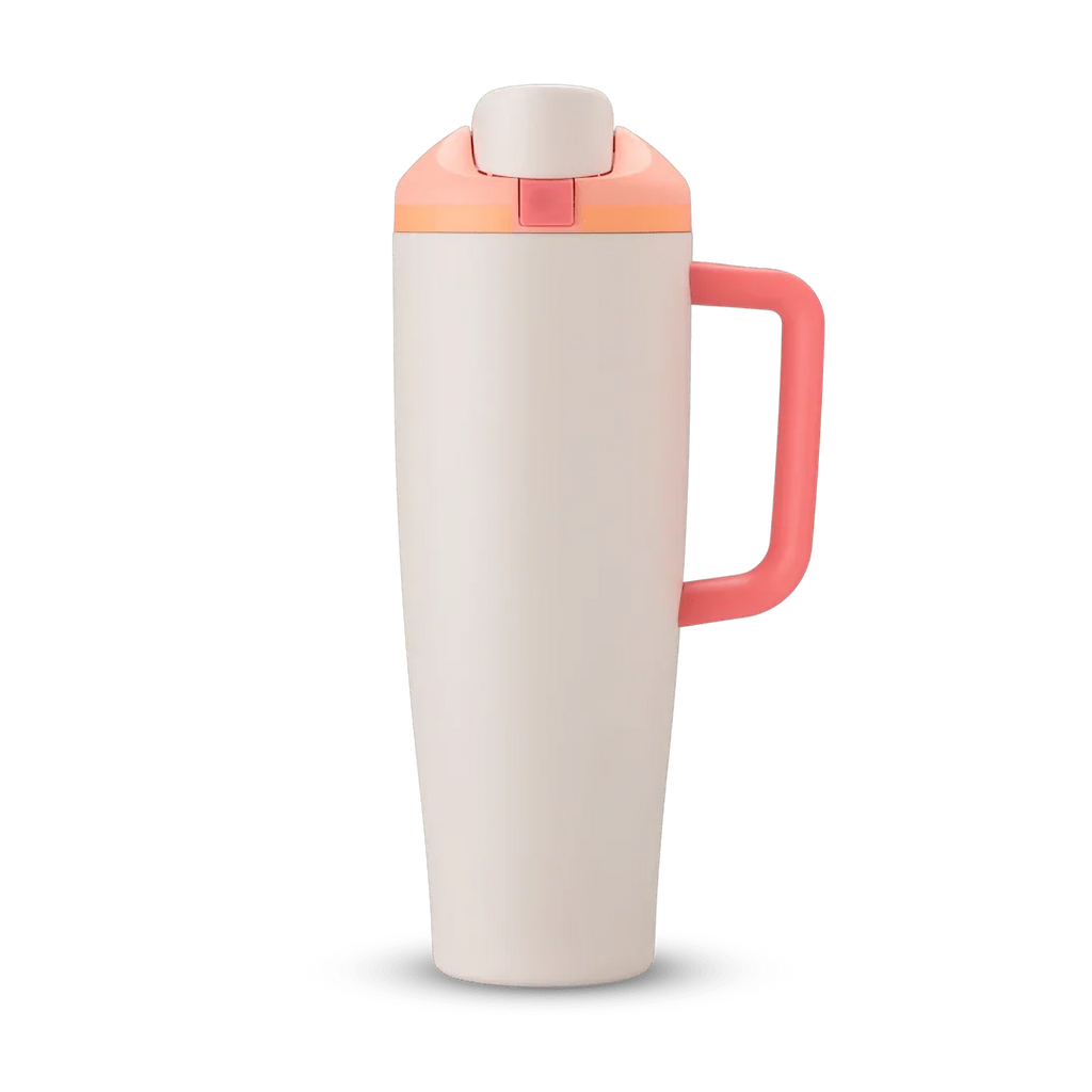 40oz Sparkling Sherbet Miami Tumbler with coral handle and peach lid, insulated travel mug