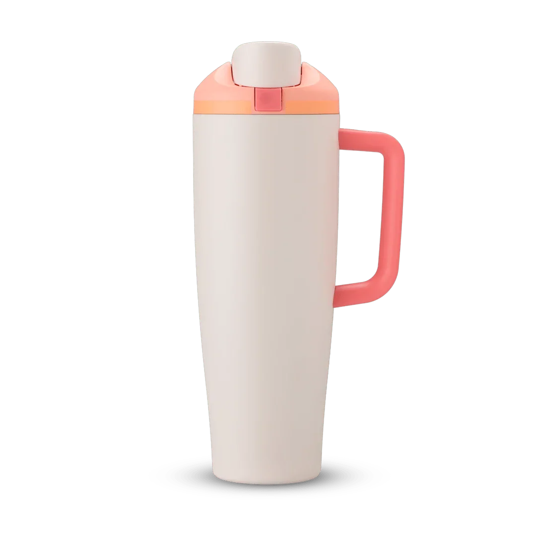 40oz Sparkling Sherbet Miami Tumbler with coral handle and peach lid, insulated travel mug