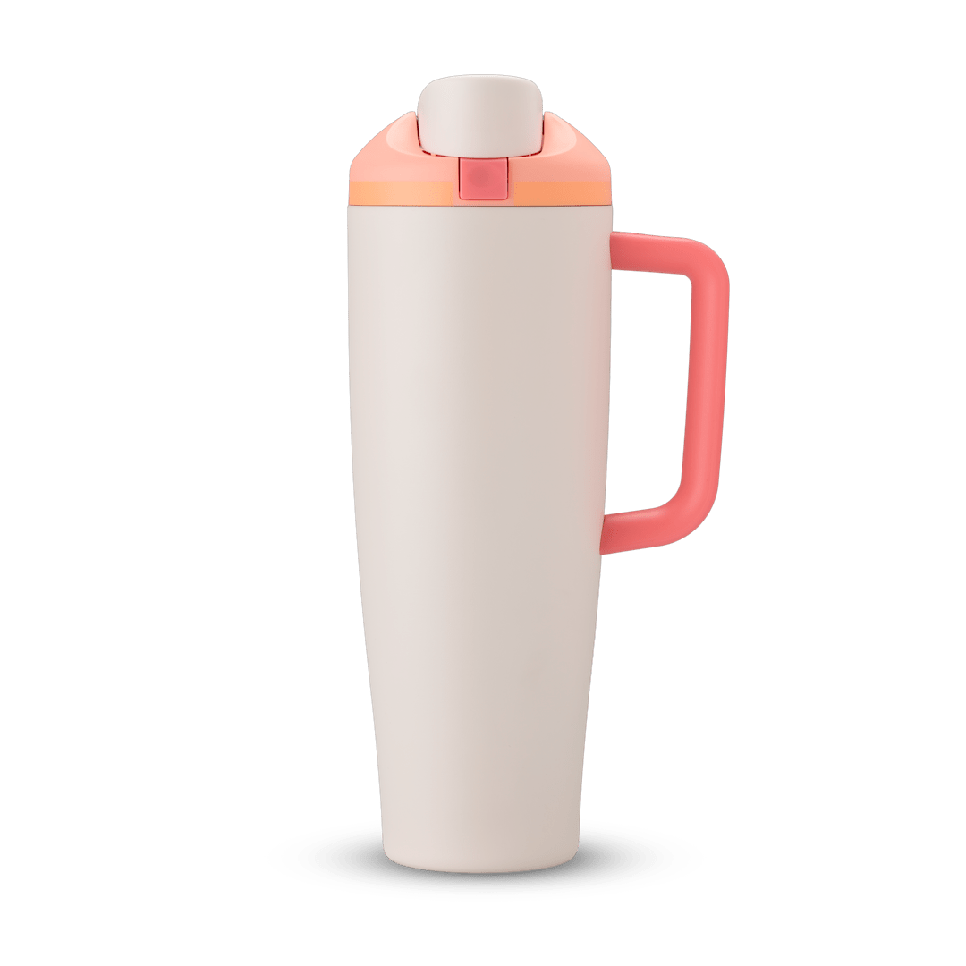 Owala 40oz sparkling sherbet Miami tumbler with coral handle and light peach lid