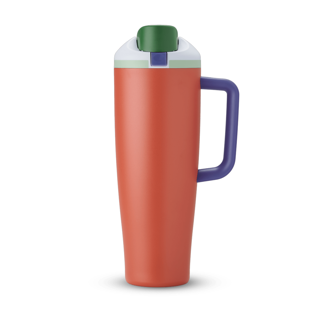 40oz insulated travel tumbler in orange with green lid and purple handle on white background